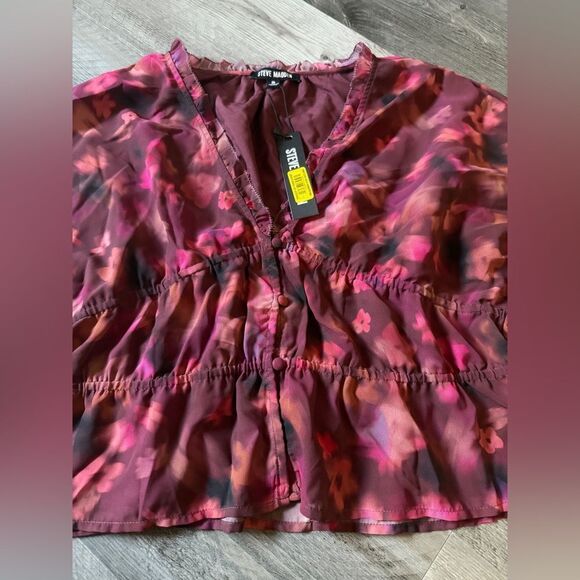 Steve Madden Wine Floral Blouse Button Down Top Feminine Ruffles - Picture 2 of 10